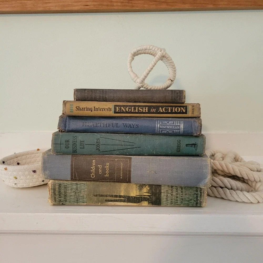 Vintage 6 Blue Book Set Lot Staging Decor Retro Prop Shelf Mantle Centerpiece
